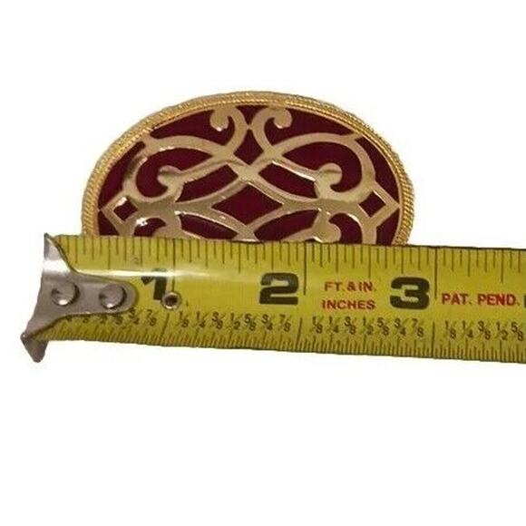 Vntg Celtic Brooch 3" RED Coat Pin Oval Metal Enamel Milgrain Accent Gold Estate - Picture 16 of 16